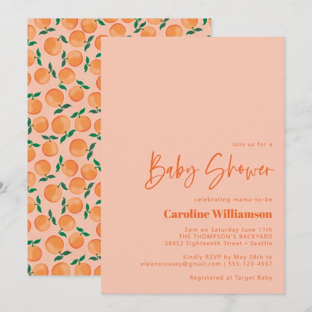 Summer Oranges Fruit Watercolor Pink Baby Shower Invitation (Front/Back)