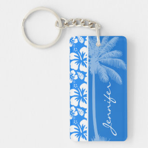 Summer Palm; Azure Blue Tropical Hibiscus Key Ring