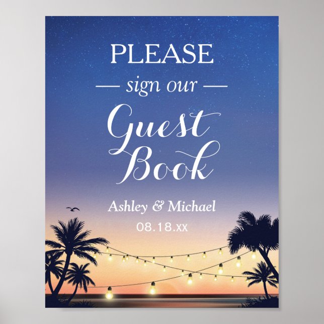 Summer Palm Beach String Lights Sign Guestbook (Front)