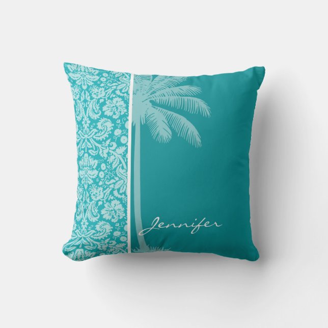 Summer Palm Blue-Green Damask Pattern Cushion (Front)