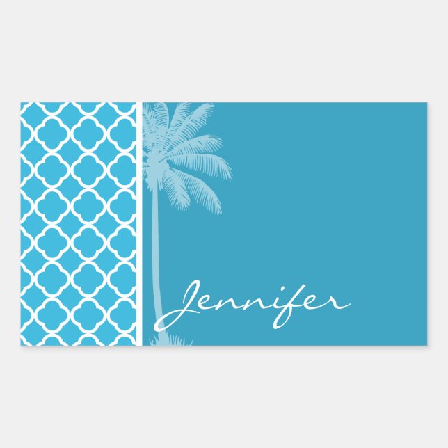 Summer Palm; Bright Cerulean Quatrefoil Rectangular Sticker (Front)