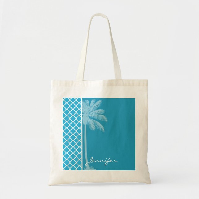 Summer Palm; Bright Cerulean Quatrefoil Tote Bag (Front)