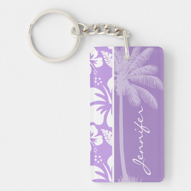Summer Palm; Bright Lavender Tropical Hibiscus Key Ring (Front)