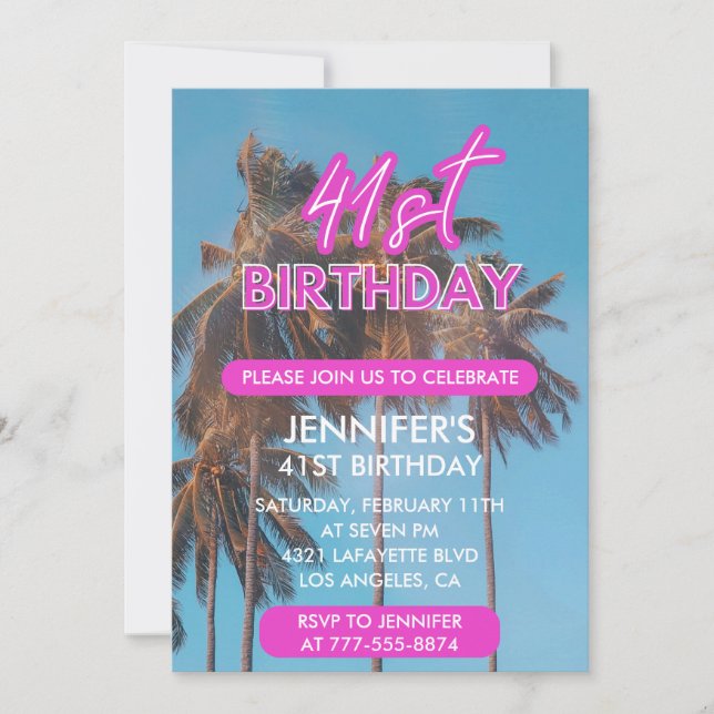 Summer Palm tree Tropical Pink 41st birthday Invitation (Front)
