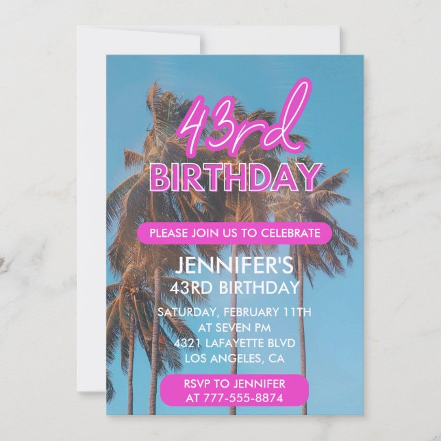 Summer Palm tree Tropical Pink 43rd birthday Invitation (Front)