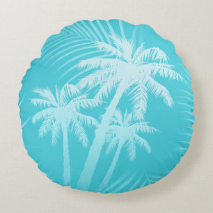 Summer palm trees Aqua Round Cushion