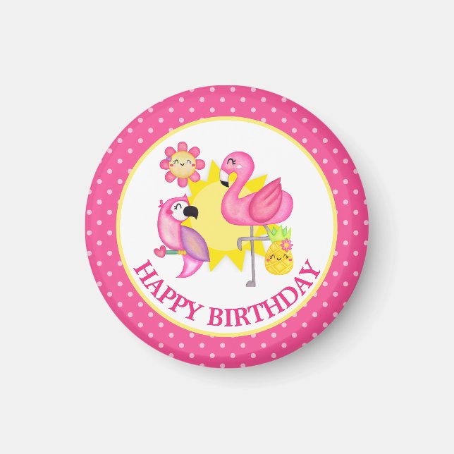 Summer Paradise Flamingo Parrot Birthday Magnet (Front)