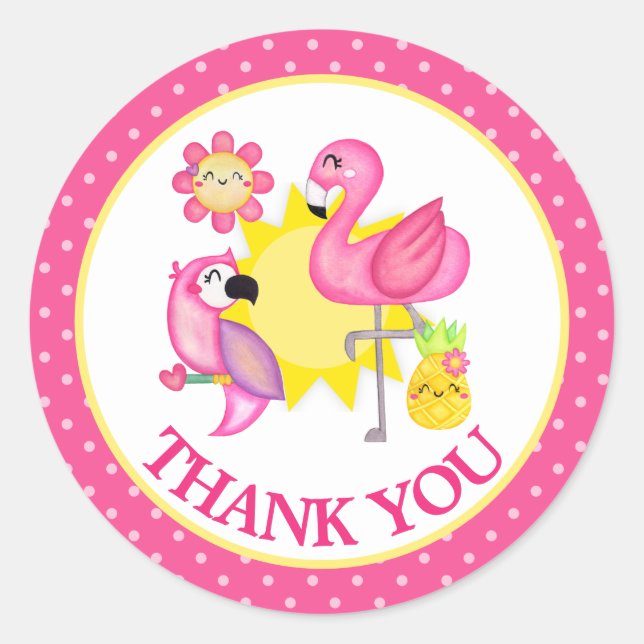 Summer Paradise Flamingo Parrot Thank You Classic Round Sticker (Front)