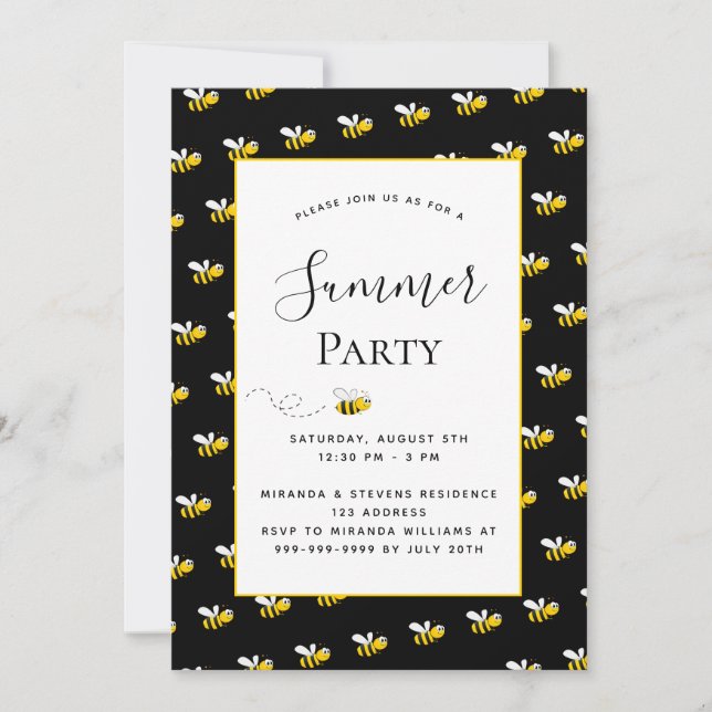 Summer party bees backyard bbq black gold invitation (Front)