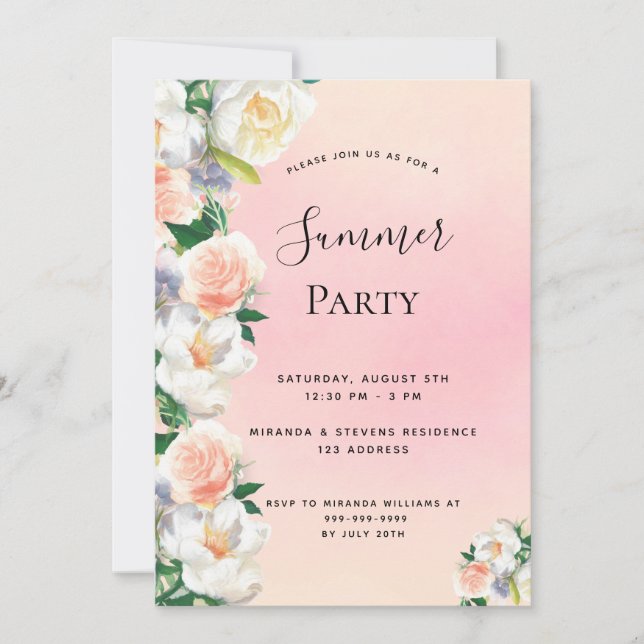 Summer party blush florals white  invitation (Front)
