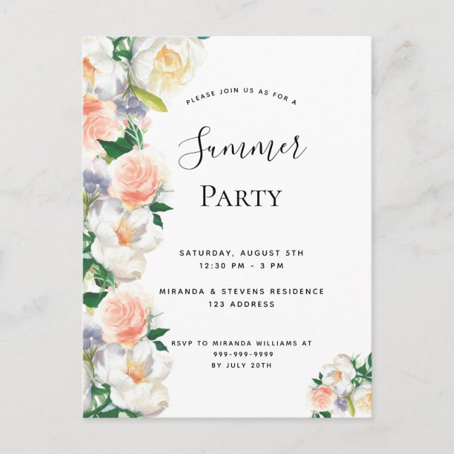 Summer party blush pink florals invitation postcard (Front)