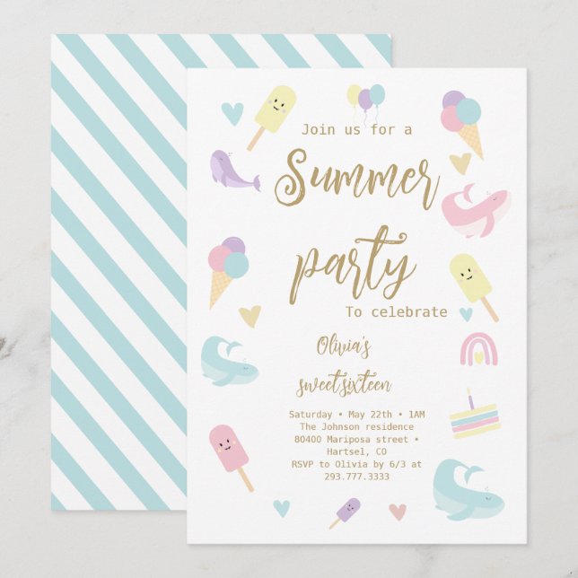 Summer Party Ice Cream Calligraphy Birthday Party Invitation (Front/Back)