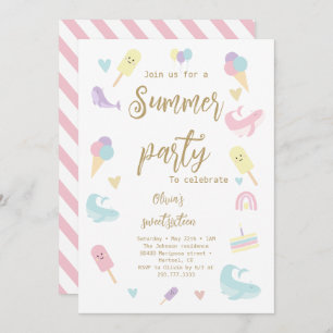 Summer Party Ice Cream Calligraphy Birthday Party Invitation