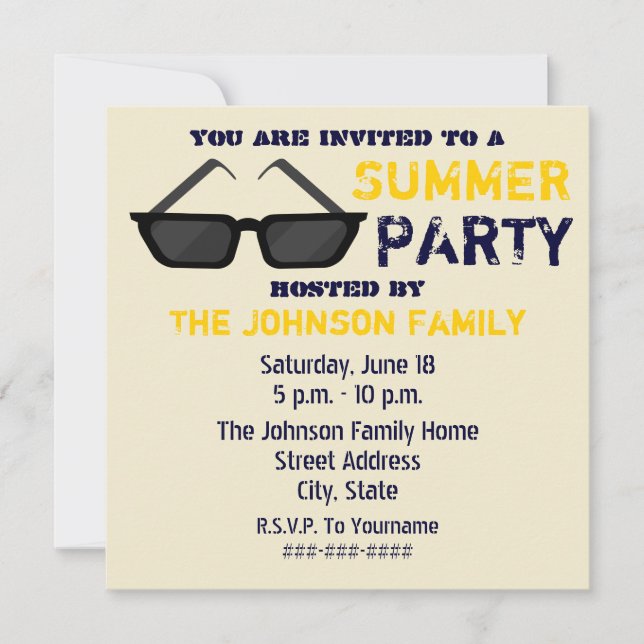 Summer Party Invitation - Black Sunglasses (Front)