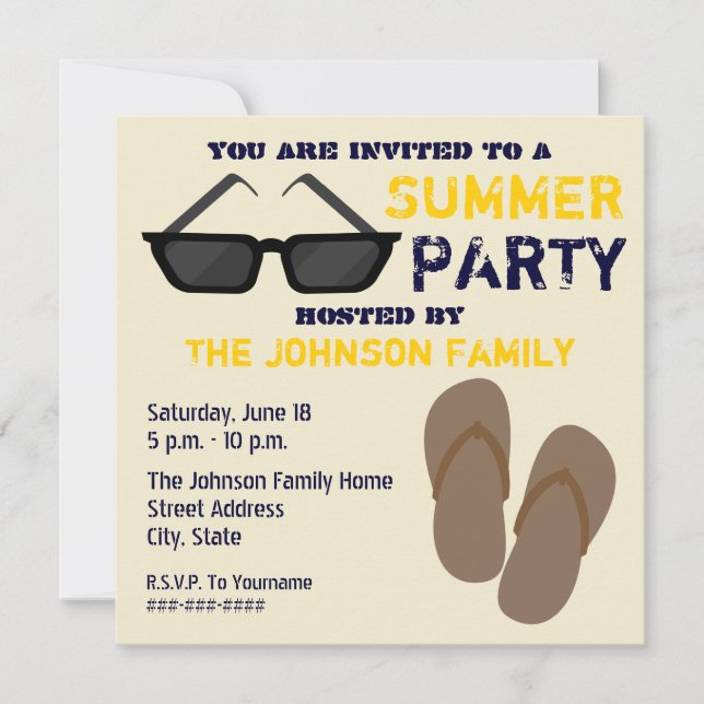 Summer Party Invitation Flip Flops & Sunglasses (Front)