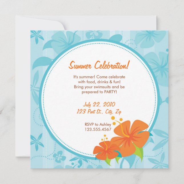 Summer Party Invite : Blue & Orange Hibiscus (Front)