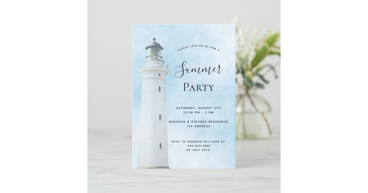 Summer party lighthouse coastal beach blue invitation | Zazzle