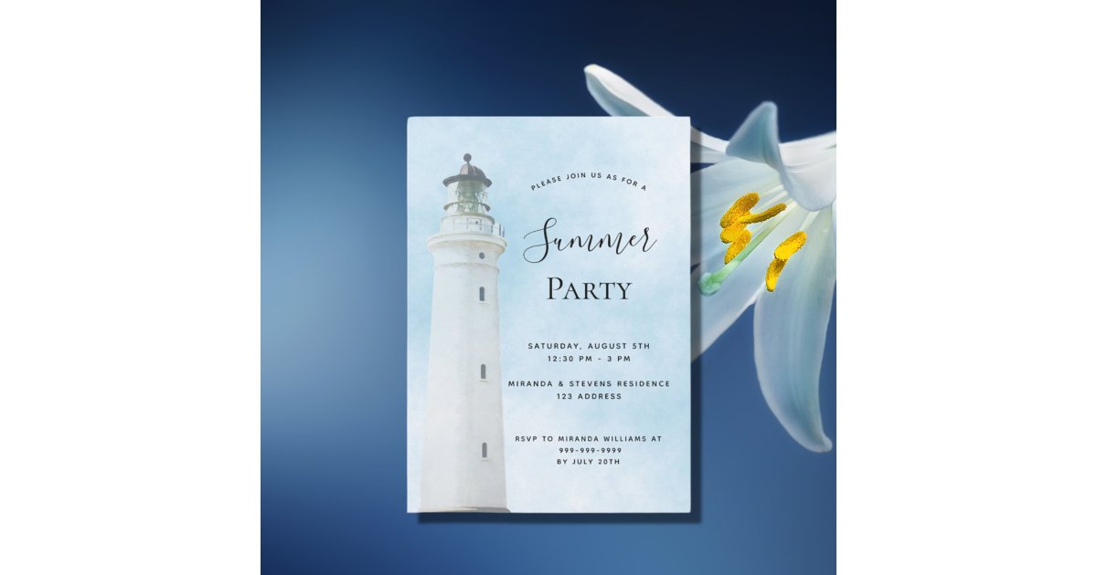 Summer party lighthouse coastal beach blue invitation | Zazzle