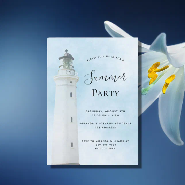 Summer party lighthouse coastal beach blue invitation | Zazzle