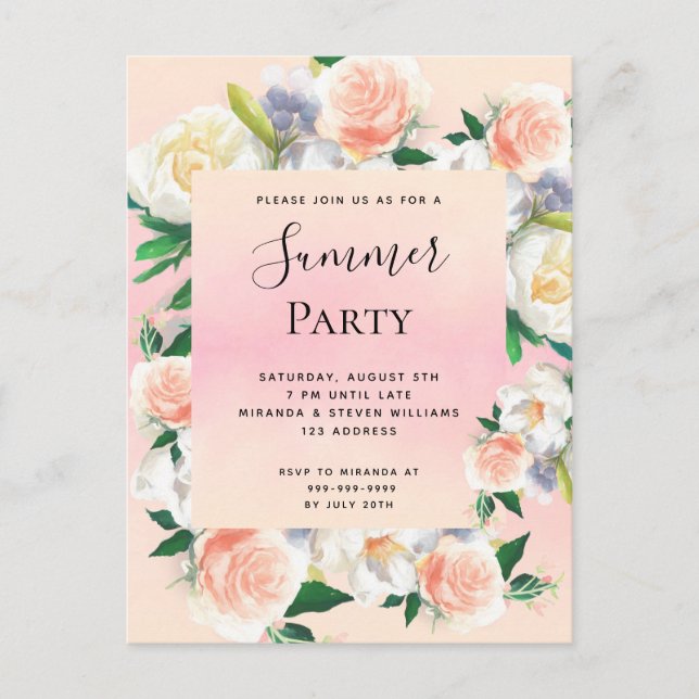 Summer party lush florals coral peach invitation postcard (Front)