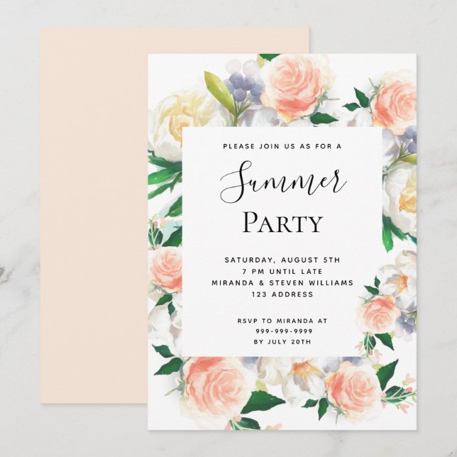 Summer party lush florals white coral peach invitation (Front/Back)