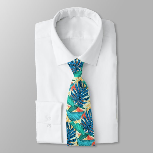 Summer Party Neck Tie with Exotic Tropical Leaves  (Tied)