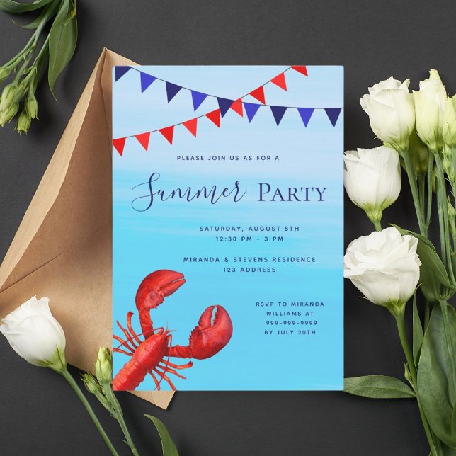 Summer party red lobster blue sea beach invitation (Creator Uploaded)