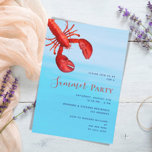 Summer party red lobster blue sea beach invitation