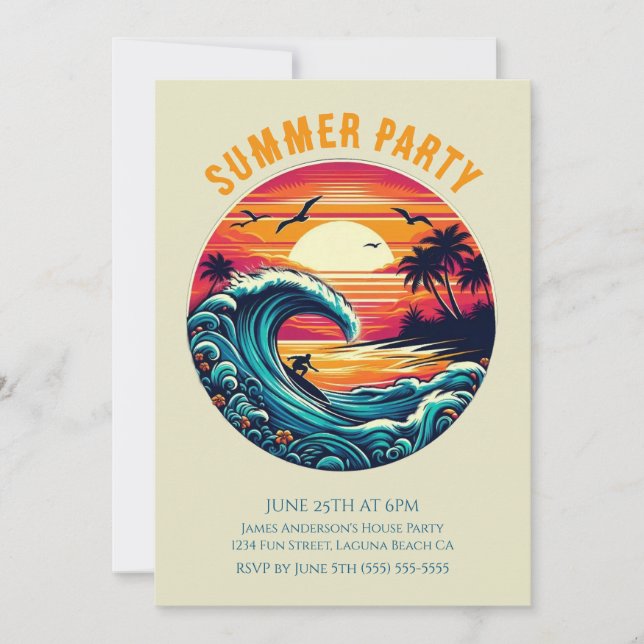 Summer Party- Retro Surfer at Sunset Invitation (Front)