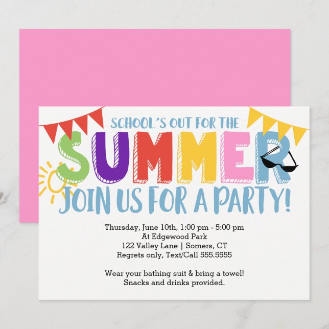 Summer Party, School's Out Bright Colours Invitation (Front/Back)