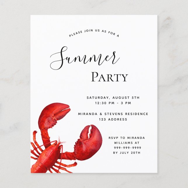 Summer party seafood red lobster budget invitation flyer (Front)
