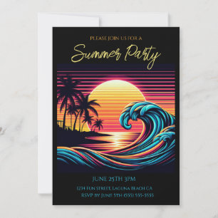 Summer Party- Sunset Retro Surf Wave Invitation