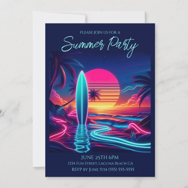 Summer Party- Sunset Surfboard Neon Lights- Invitation (Front)