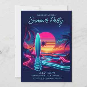 Summer Party- Sunset Surfboard Neon Lights- Invitation