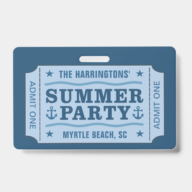 "Summer Party Ticket" custom text badges ID Badge (Front)