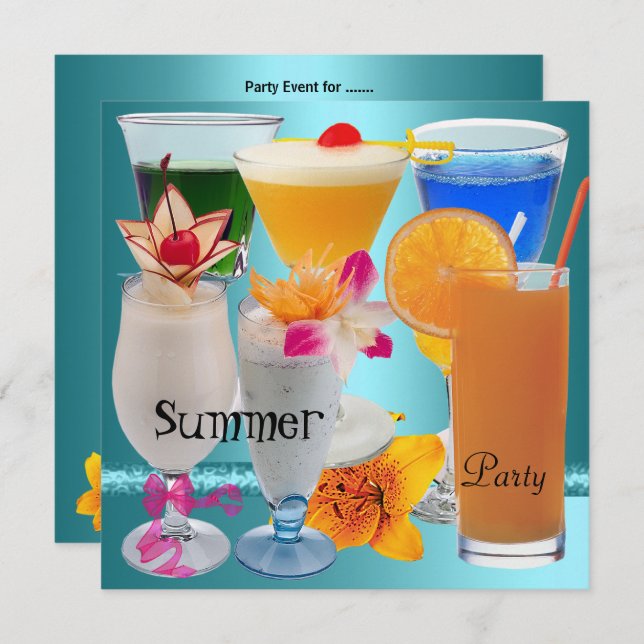 Summer Party Tropical Blue Teal Cocktail Drinks Invitation (Front/Back)