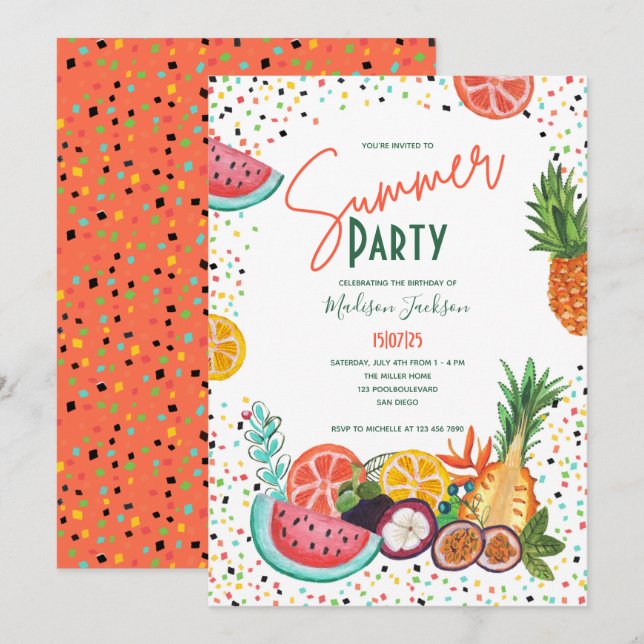 Summer party tropical fruit invitation (Front/Back)