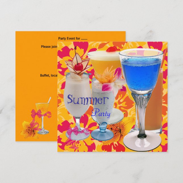 Summer Party Tropical Yellow Cocktail Drinks Blue Invitation (Front/Back)