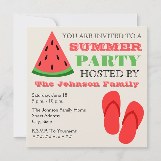 Summer Party Watermelon & Flip Flops Invitation (Front)