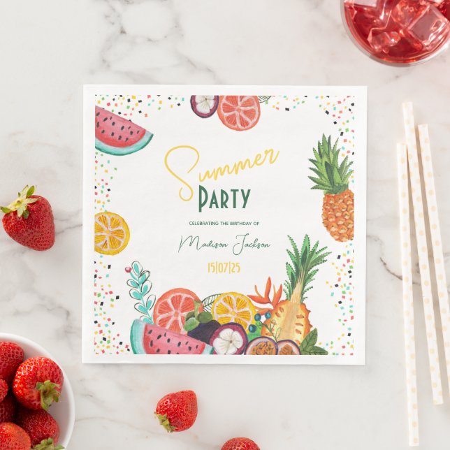 Summer party yellow tropical fruit invitation napkin (Insitu)