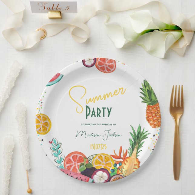 Summer party yellow tropical fruit invitation paper plate (Wedding)