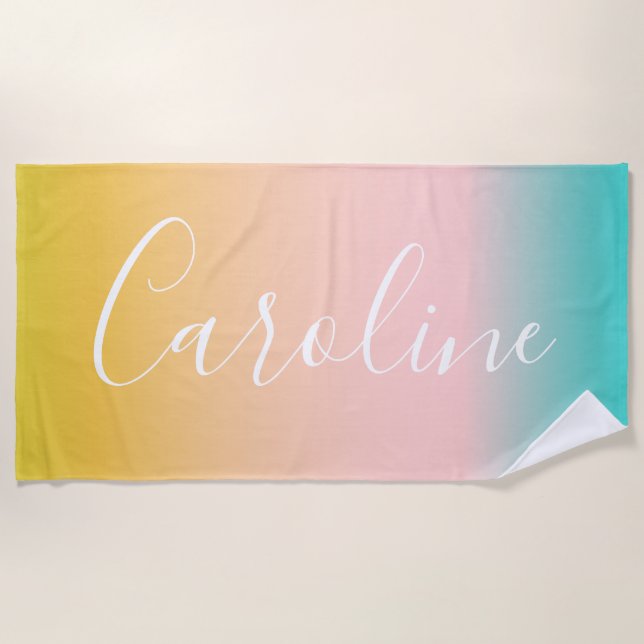 Summer Pastel Gradient | Personalised Script Name  Beach Towel (Front)