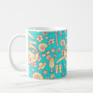 Summer pattern on turquoise background: umbrella,s coffee mug