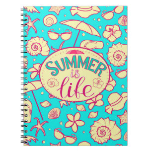 Summer pattern on turquoise background: umbrella,s notebook