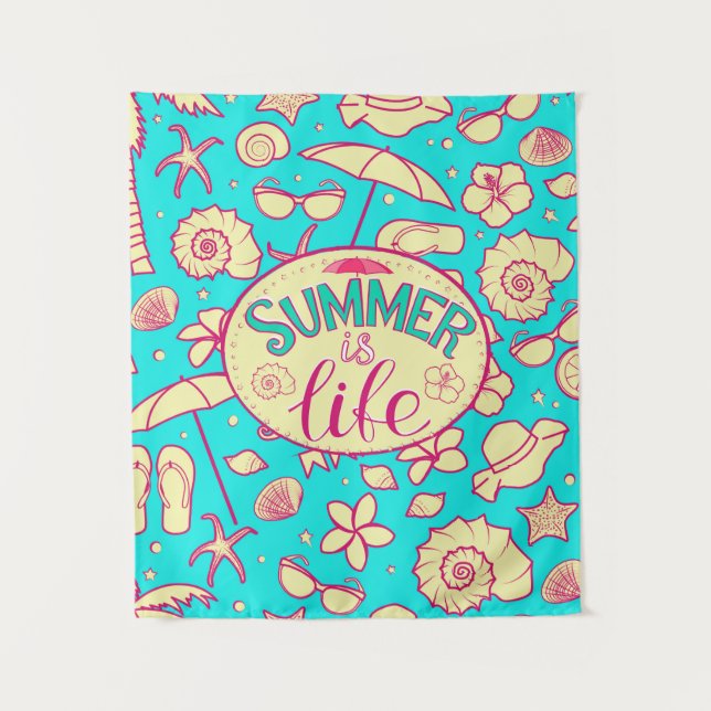 Summer pattern on turquoise background: umbrella,s tapestry (Front)