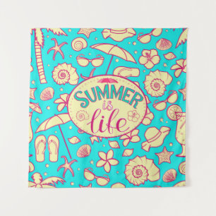 Summer pattern on turquoise background: umbrella,s tapestry