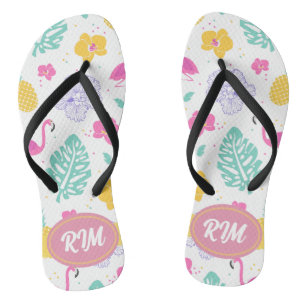 Summer pattern with flamingos and pineapple  flip flops