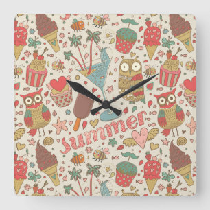 Summer Pattern With Ice Cream Square Wall Clock