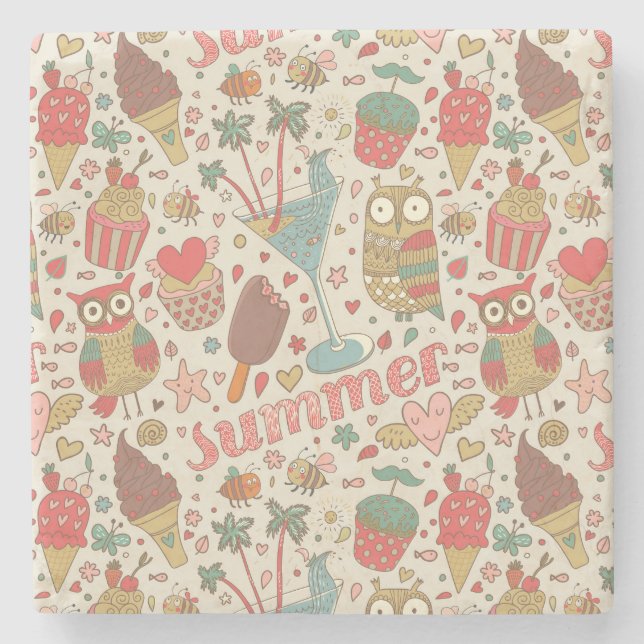 Summer Pattern With Ice Cream Stone Coaster (Front)