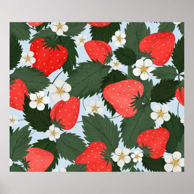 Summer pattern with strawberries. Strawberries lea Poster (Front)